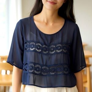 Hollister Navy sheer lace eyelet detail top s